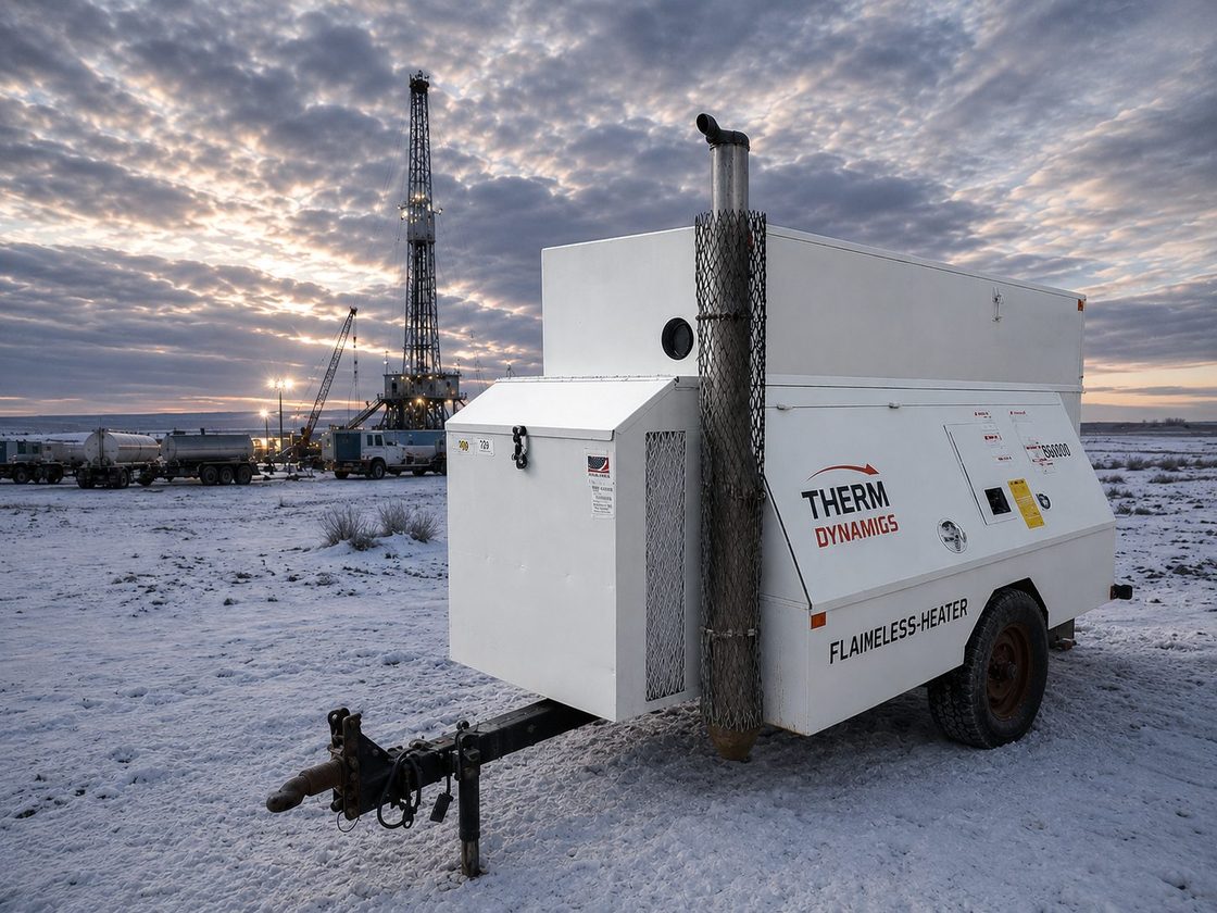 A flameless heater running on a snowy oilfield well site at dusk with a drilling rig behind it